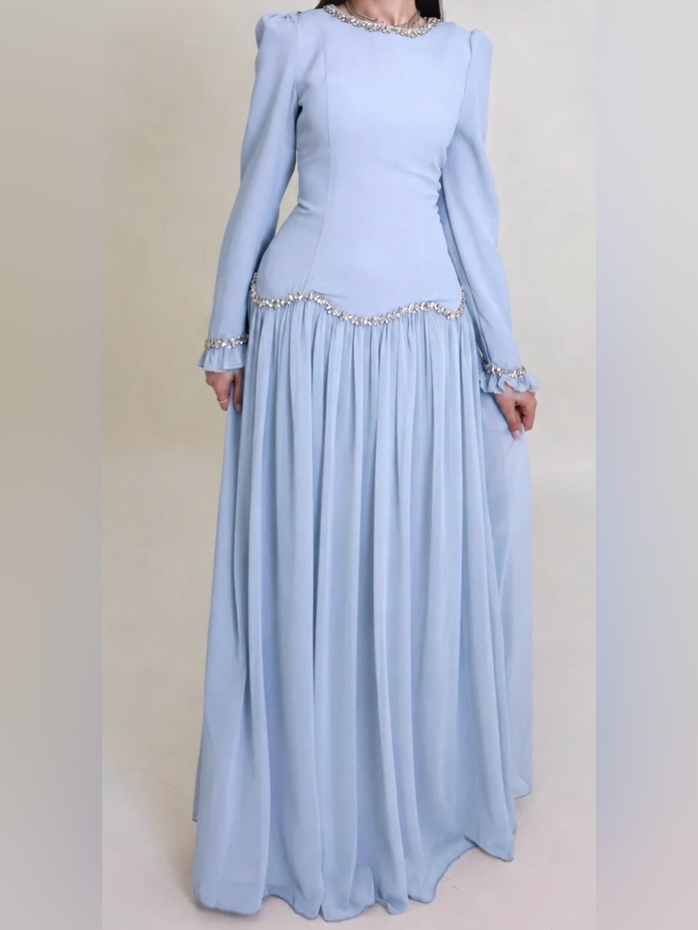 Jewel Detailed Baby Blue Modest Evening - Picture 1 of 2